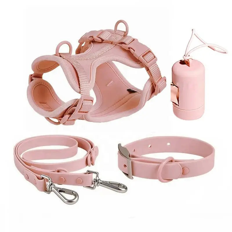 Wasserdichtes Hundegeschirr-Set PVC Neopren – Geschirr + Leine + Halsband + Kotbeutelspender, 10 Farben, XS–L