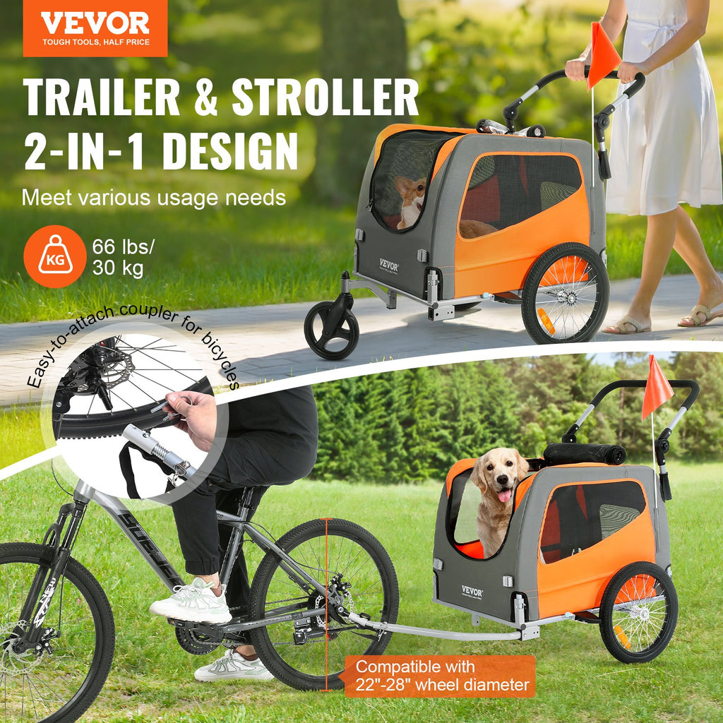Hunde-Fahrradanhänger, Trägt Bis Zu 30 Kg, 2-in-1-Fahrradträger Für Haustier-Kinderwagen, Einfach Zusammenklappbarer Wagenrahmen Mit Schnellspannrädern, Universeller Fahrradkupplung, Reflektoren