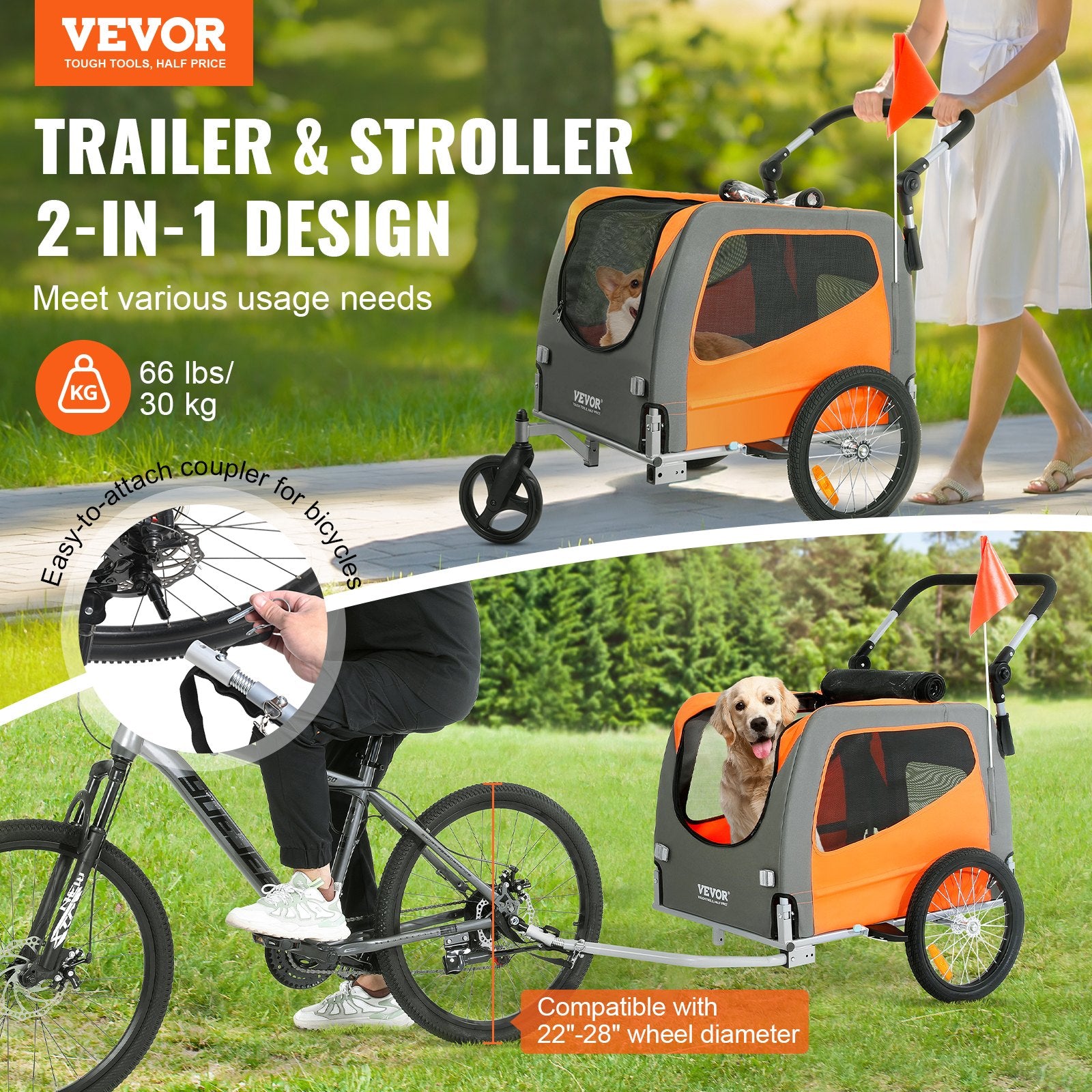 Hunde-Fahrradanhänger, Trägt Bis Zu 30 Kg, 2-in-1-Fahrradträger Für Haustier-Kinderwagen, Einfach Zusammenklappbarer Wagenrahmen Mit Schnellspannrädern, Universeller Fahrradkupplung, Reflektoren