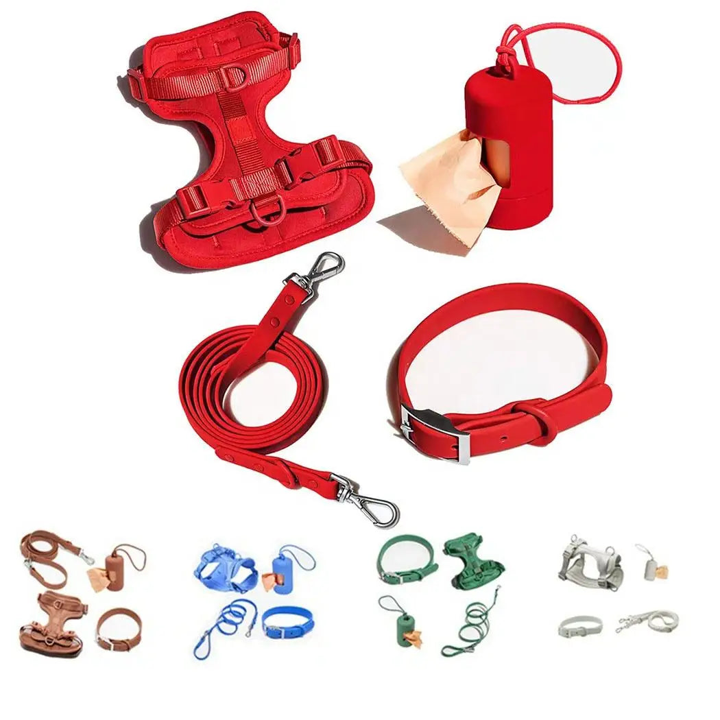 Wasserdichtes Hundegeschirr-Set PVC Neopren – Geschirr + Leine + Halsband + Kotbeutelspender, 10 Farben, XS–L