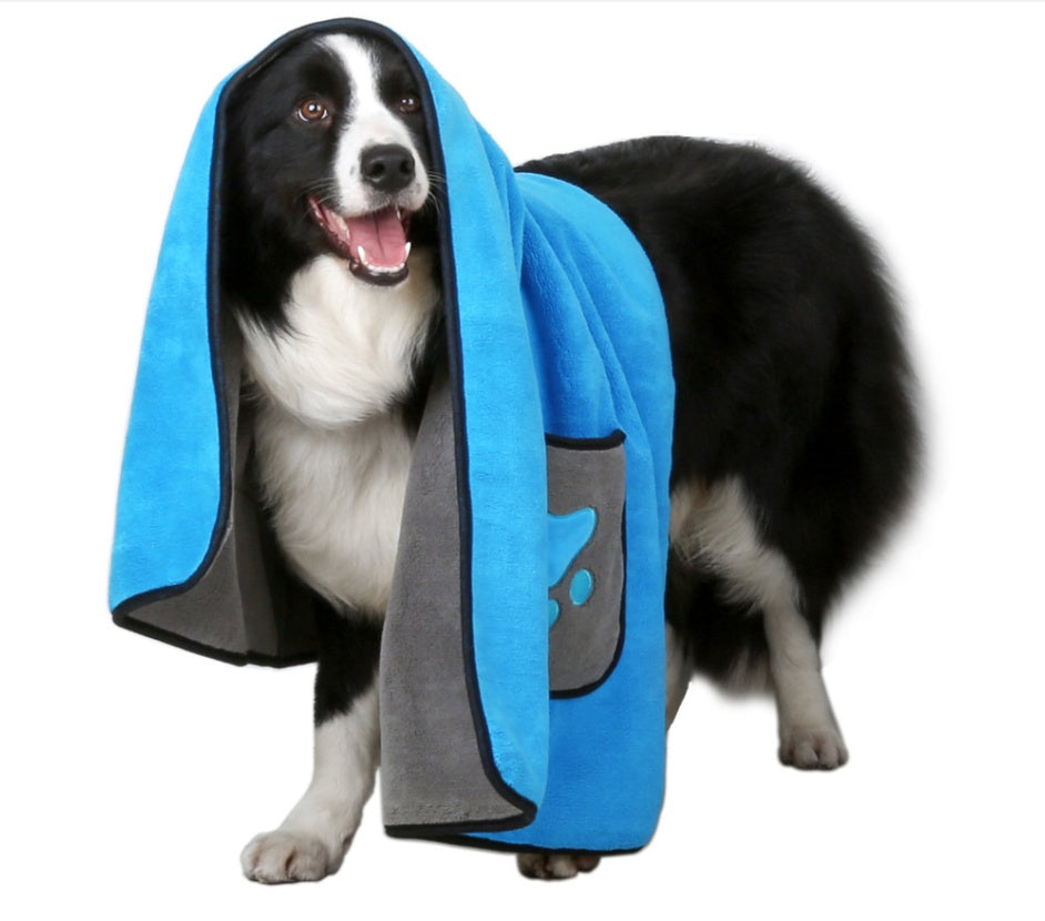 Hunde-Badetuch aus Mikrofaser – super saugfähig, Blau & Gelb