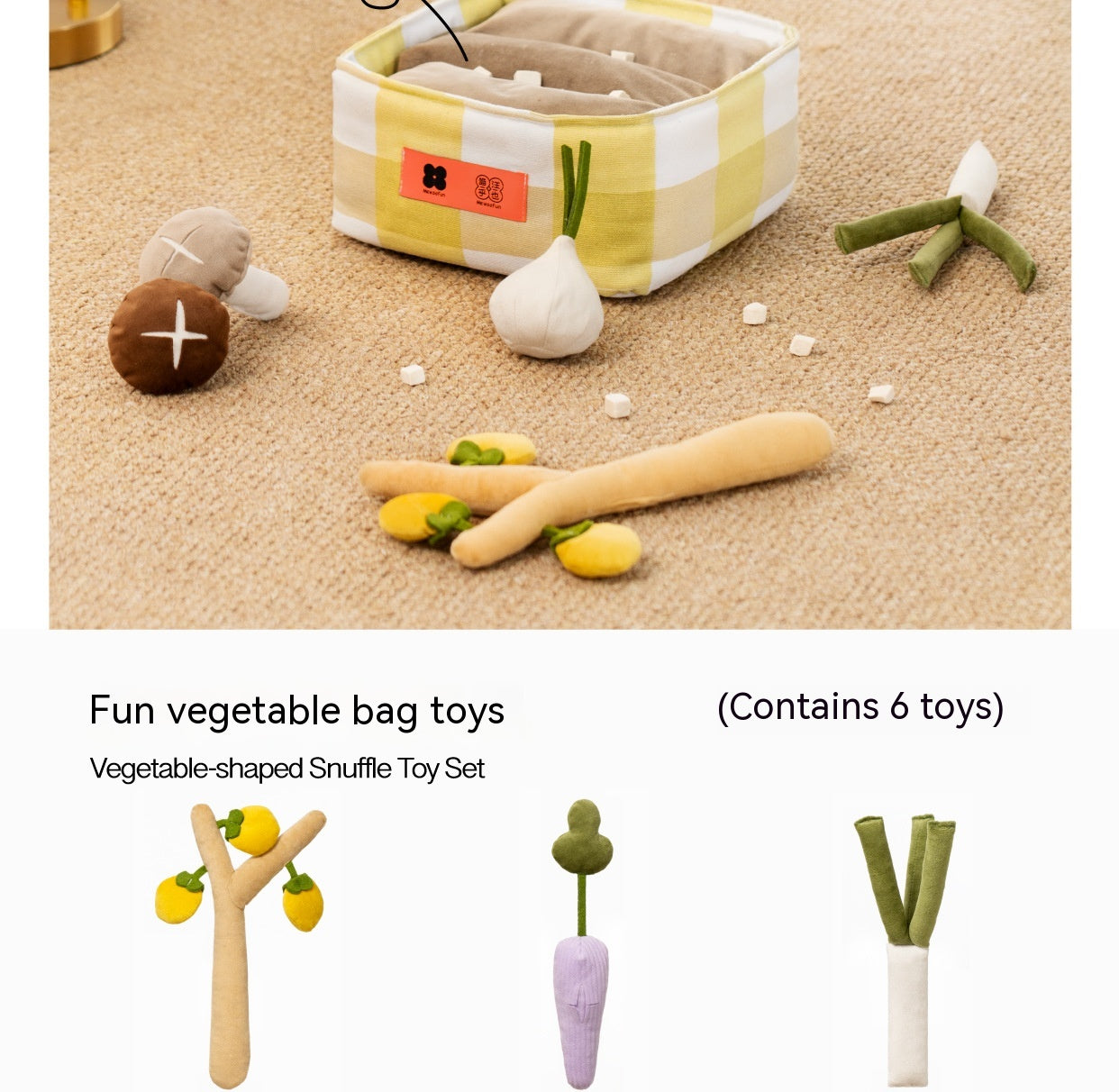Obst & Gemüse Spielzeug-Set für Hunde – 6 Teile, Schnüffeln & Verstecken