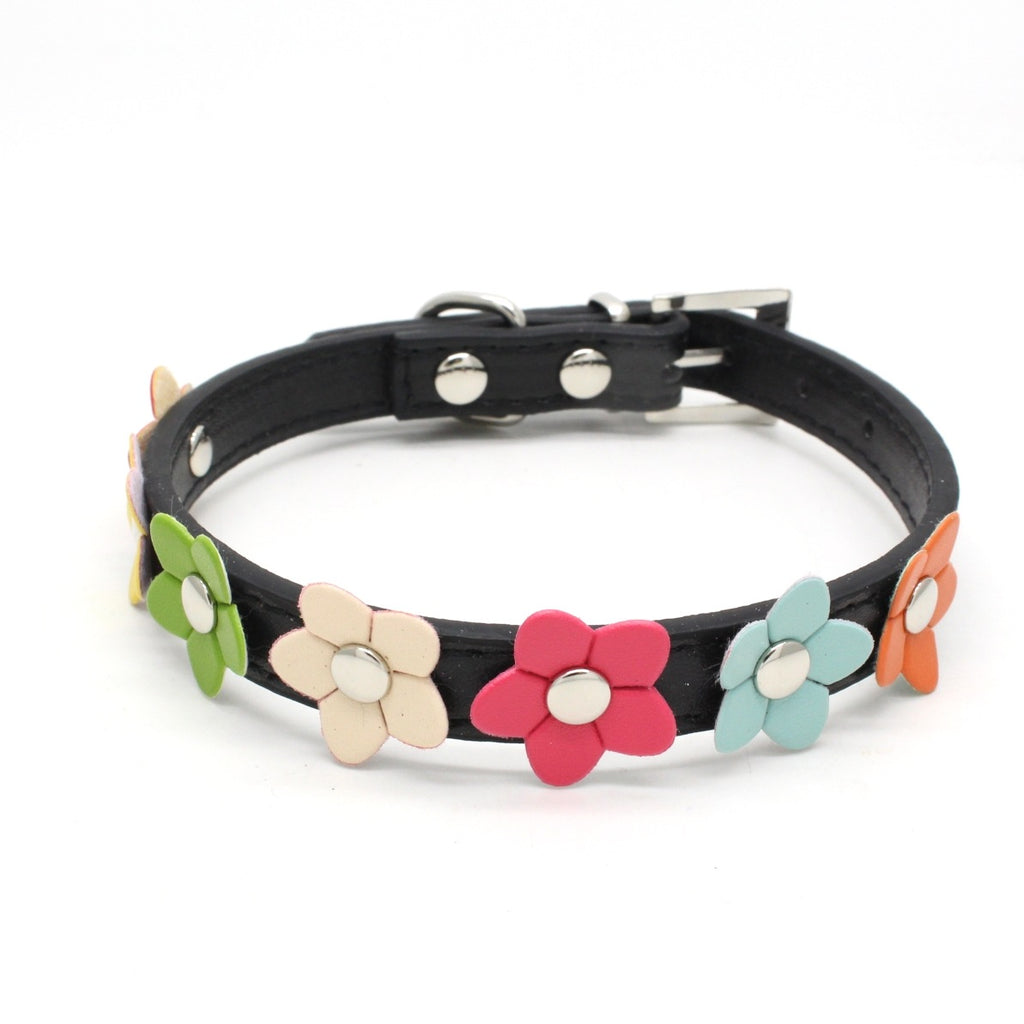 PU Hundehalsband mit Blumenmuster – 5 Farben, Größen XS–L & Leine