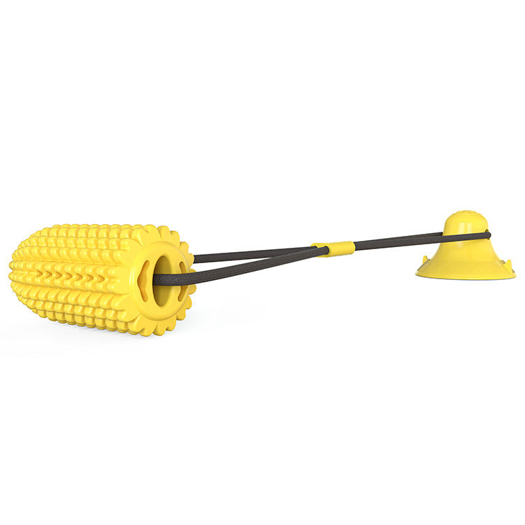 Maiskolben-Kaustab mit Doppel-Saugnapf fuer Hunde - TPR | Bissfest | Leckerli-Funktion | 57 cm