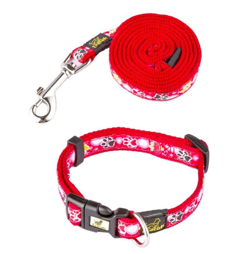 Hundehalsband & Leine Set mit Pfoten-Muster – Nylon, 3 Farben, S/M/L