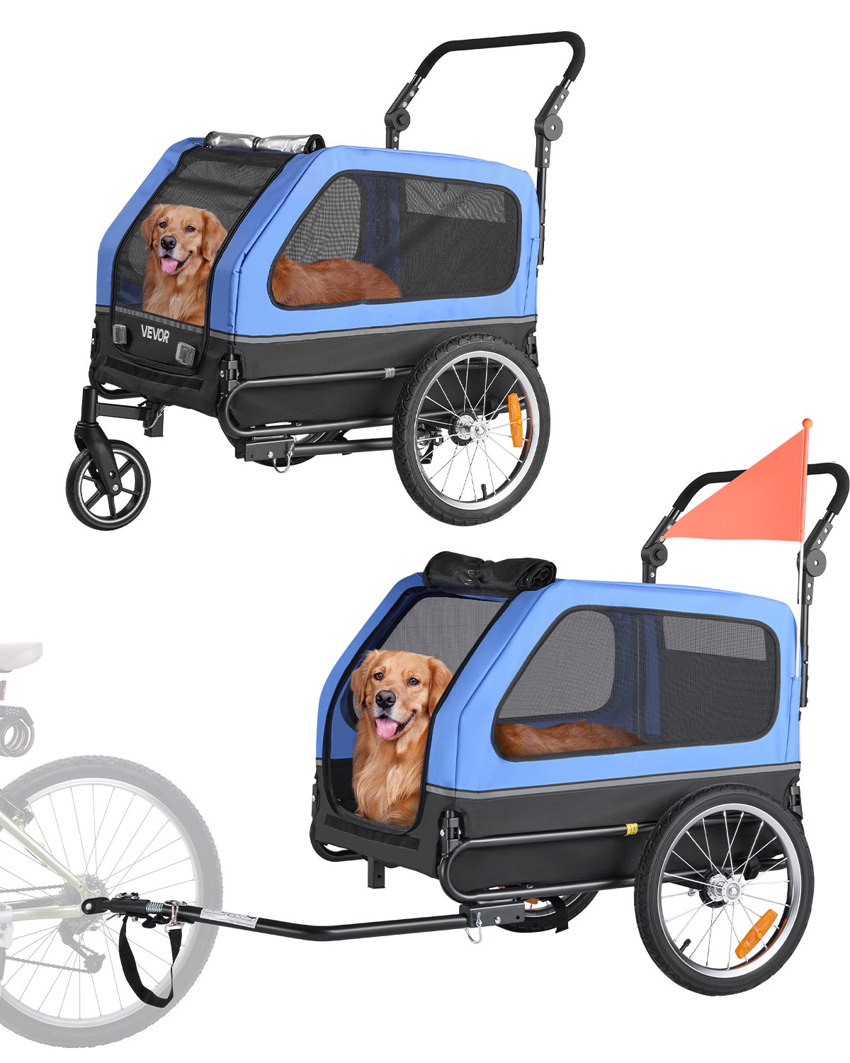 Hundeanhänger, Bis Zu 40 Kg, 2-in-1-Fahrradanhänger Für Kleine Und Große Hunde, Klappbarer Rahmen Mit Rädern, Universelle Fahrradkupplung, Inkl. Flagge, Interne Leine, 1380x755x800 Mm