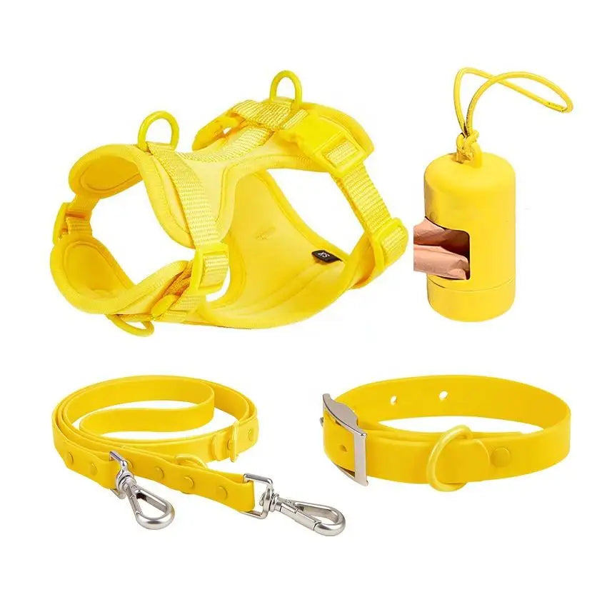 Wasserdichtes Hundegeschirr-Set PVC Neopren – Geschirr + Leine + Halsband + Kotbeutelspender, 10 Farben, XS–L