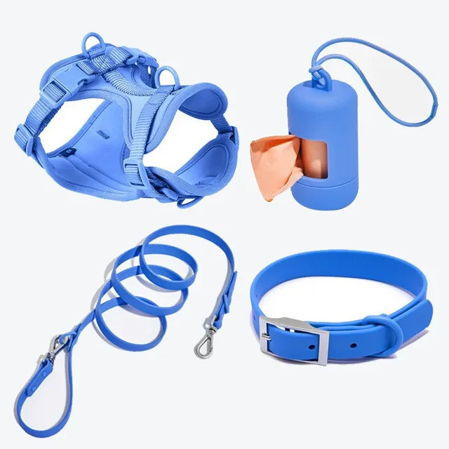 Wasserdichtes Hundegeschirr-Set PVC Neopren – Geschirr + Leine + Halsband + Kotbeutelspender, 10 Farben, XS–L