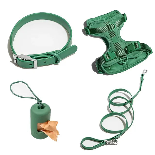 Wasserdichtes Hundegeschirr-Set PVC Neopren – Geschirr + Leine + Halsband + Kotbeutelspender, 10 Farben, XS–L