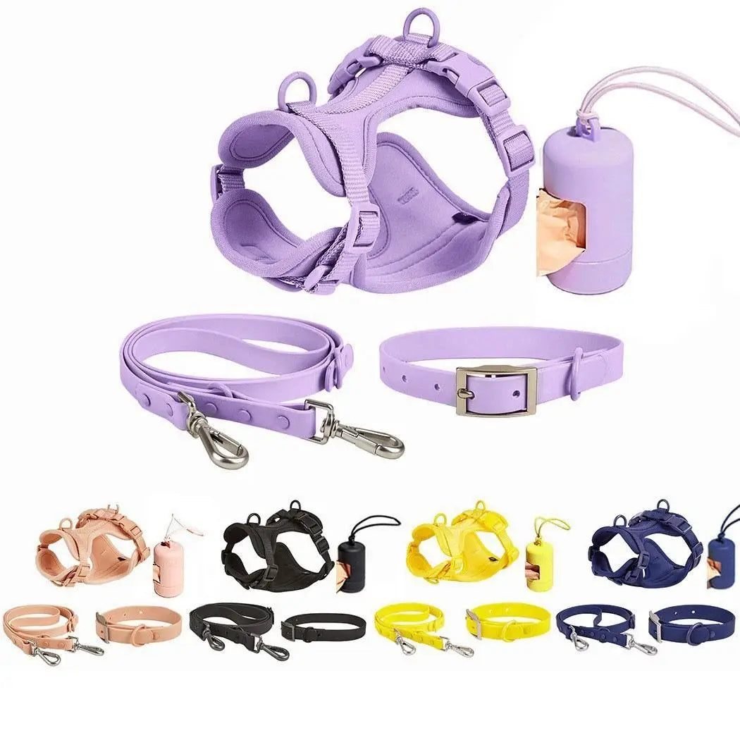 Wasserdichtes Hundegeschirr-Set PVC Neopren – Geschirr + Leine + Halsband + Kotbeutelspender, 10 Farben, XS–L