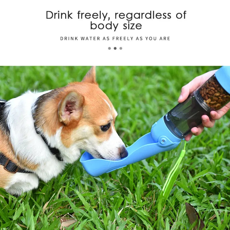 4-in-1 Hundetrinkflasche faltbar – 300ml Wasser + 200ml Futter + Kotbeutelspender, BPA-frei