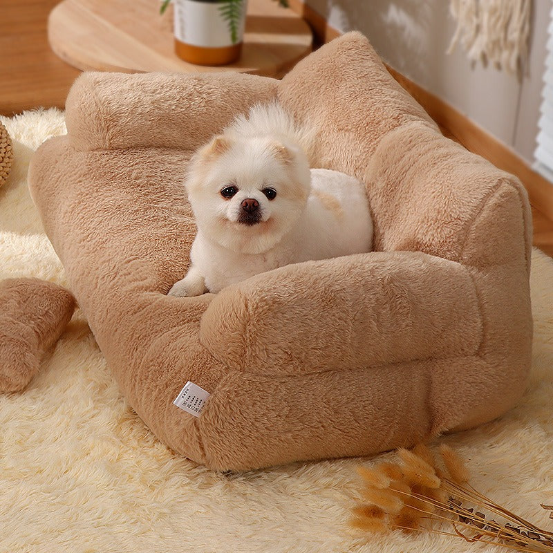 Luxus Hundesofa aus Plüsch – warmes Hundebett mit Kissen & Rückenlehne, M & L, 4 Farben