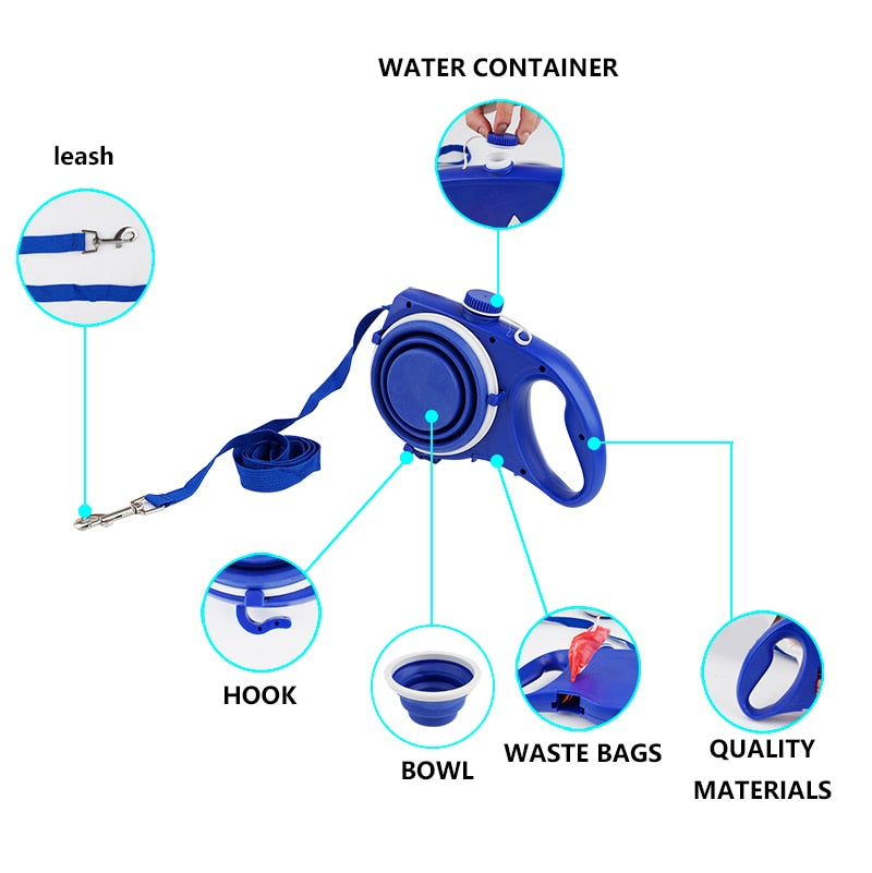 Hundeleine mit Wasserflasche & Napf – 3-in-1 Nylon, Kotbeutelspender, 3 Farben