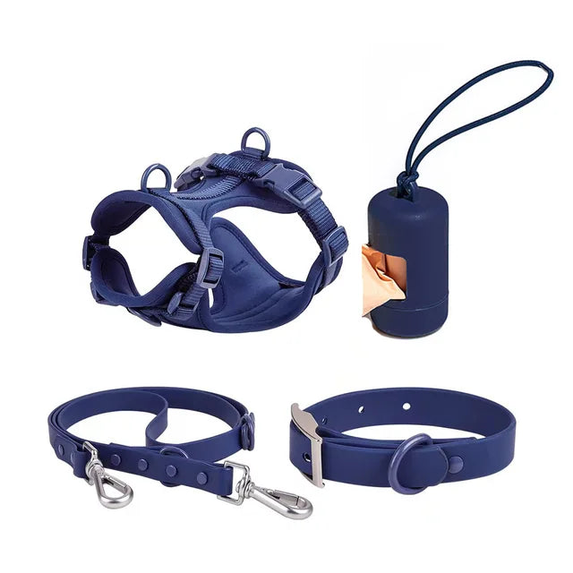 Wasserdichtes Hundegeschirr-Set PVC Neopren – Geschirr + Leine + Halsband + Kotbeutelspender, 10 Farben, XS–L