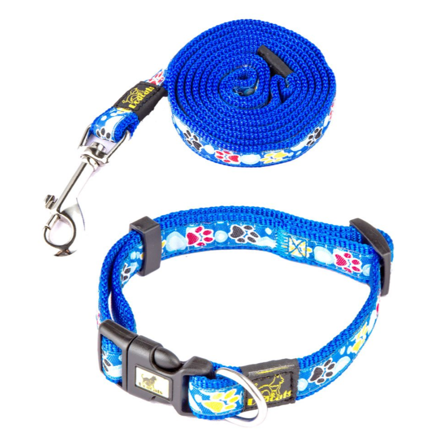 Hundehalsband & Leine Set mit Pfoten-Muster – Nylon, 3 Farben, S/M/L