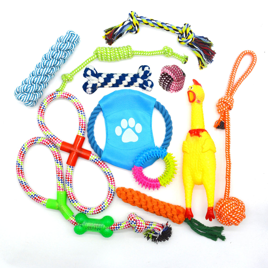 Quietsch-Hühnchen Spielzeug-Set – Baumwollseil, Kau- & Zahnspielzeug für Hunde