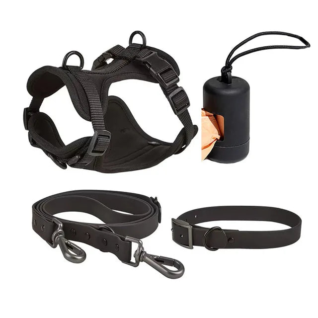 Wasserdichtes Hundegeschirr-Set PVC Neopren – Geschirr + Leine + Halsband + Kotbeutelspender, 10 Farben, XS–L