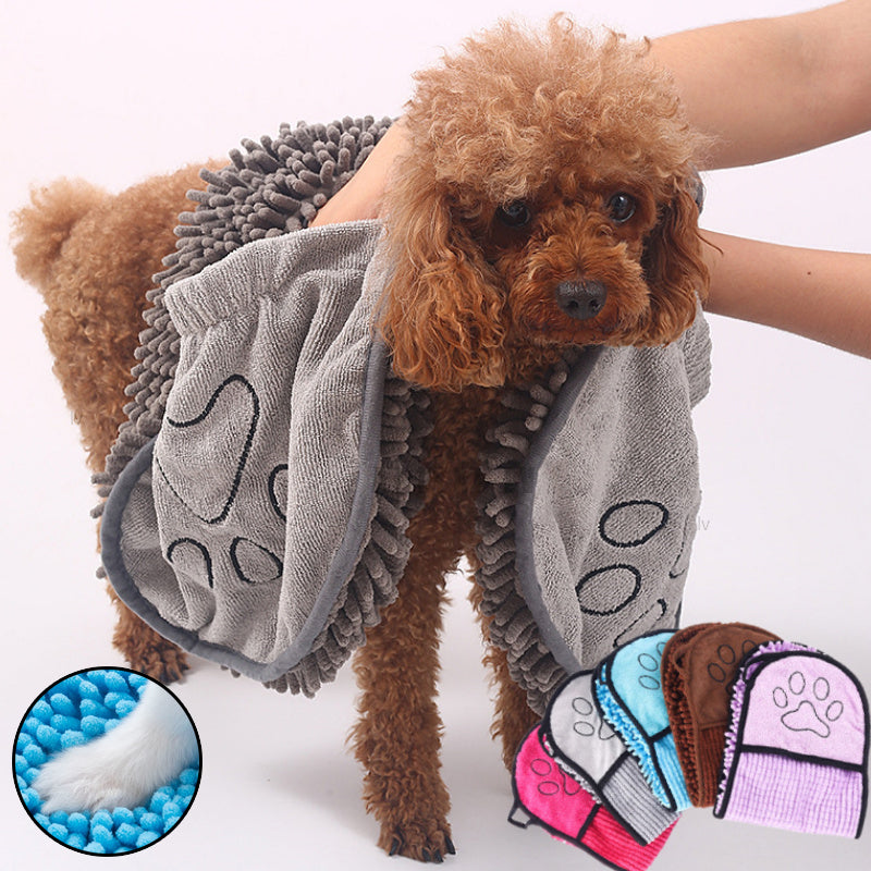 Chenille-Handtuch für Hunde & Katzen – superabsorbierend, Doppeltaschen & schnelltrocknend