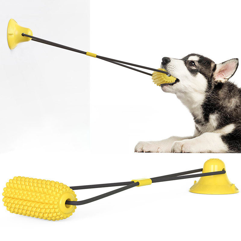 Maiskolben-Kaustab mit Doppel-Saugnapf fuer Hunde - TPR | Bissfest | Leckerli-Funktion | 57 cm