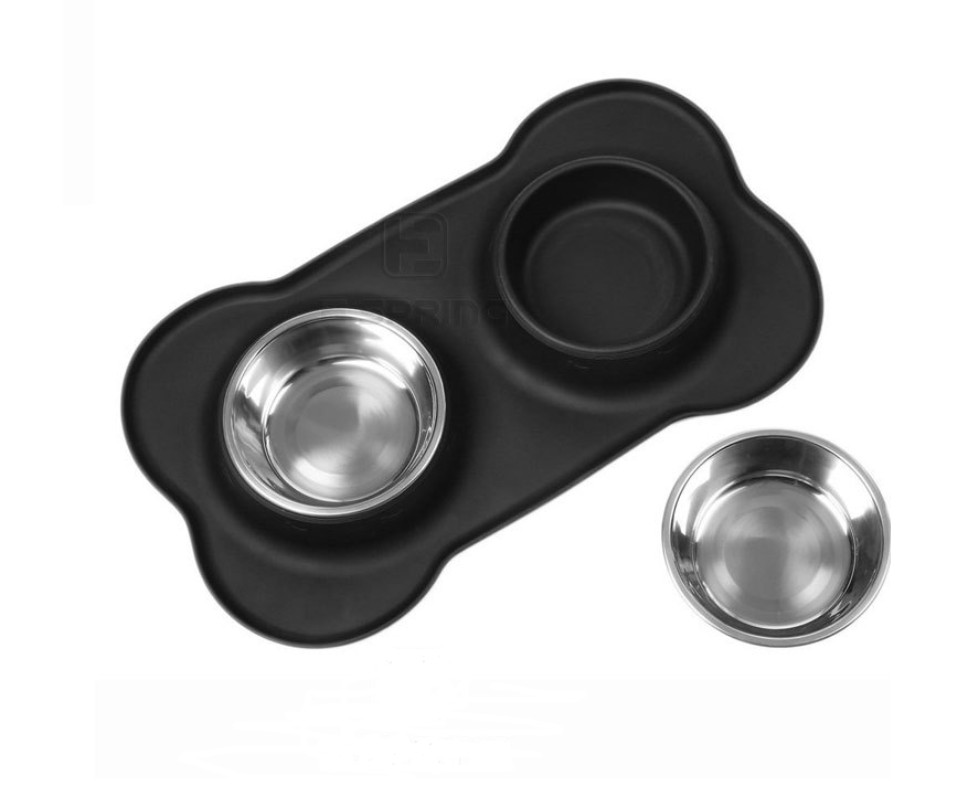 Doppelnapf Edelstahl mit Silikon-Matte – Anti-Rutsch, 2 Größen, Schwarz