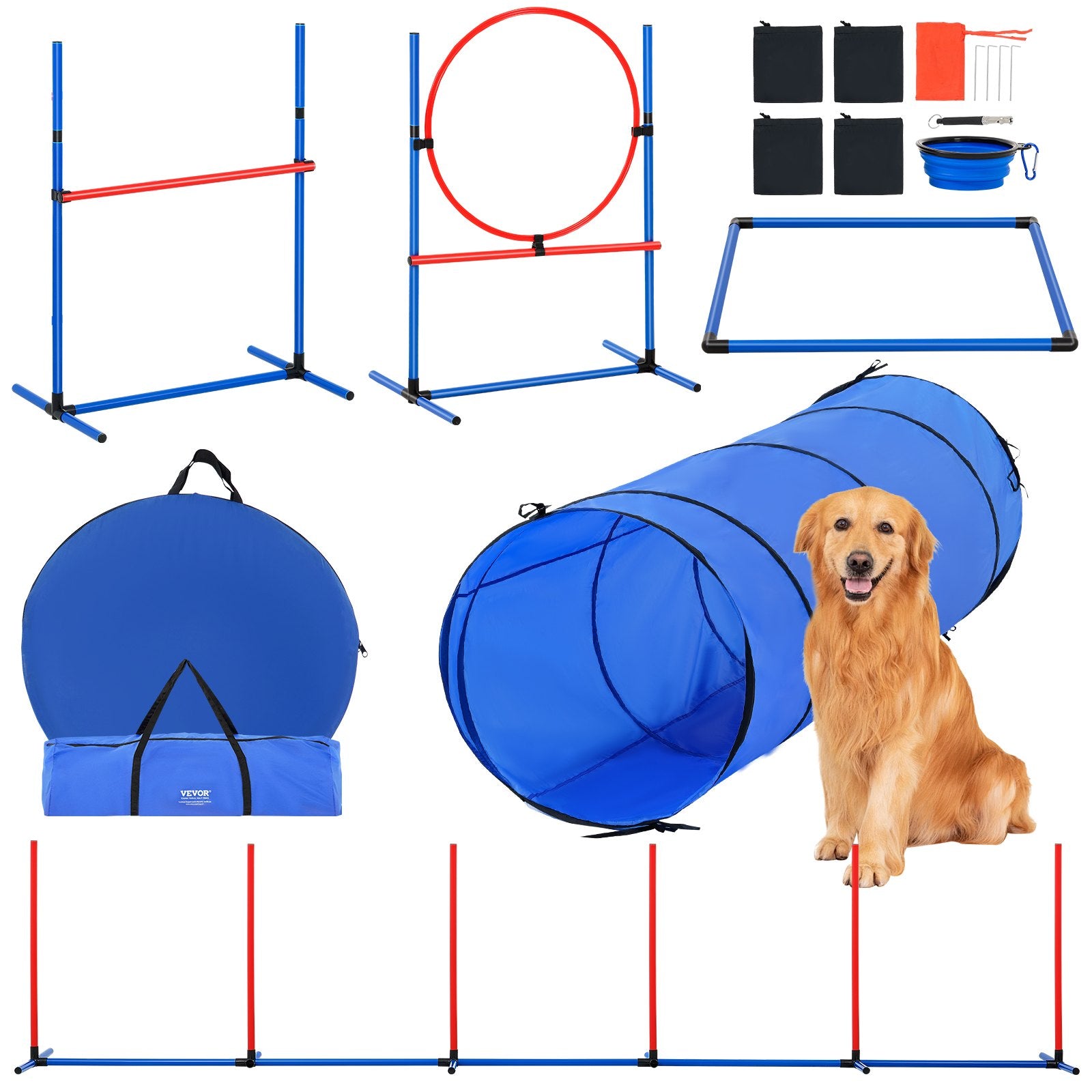 Hunde-Agility-Trainingsausrüstung 5-teiliges Set Mit Verstellbaren Hohen Hürden 6 Slalomstangen Tunnel