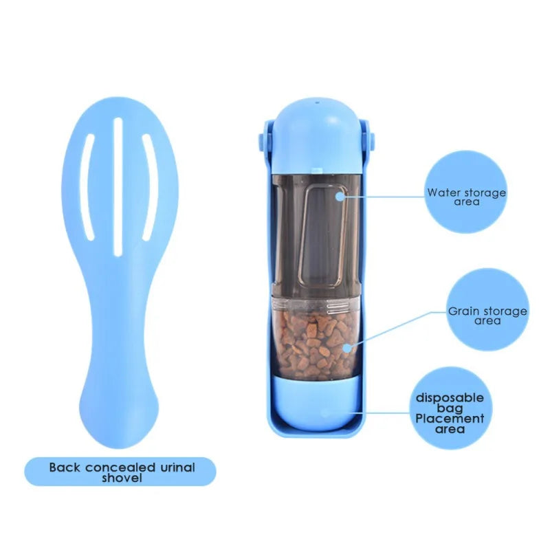 4-in-1 Hundetrinkflasche faltbar – 300ml Wasser + 200ml Futter + Kotbeutelspender, BPA-frei