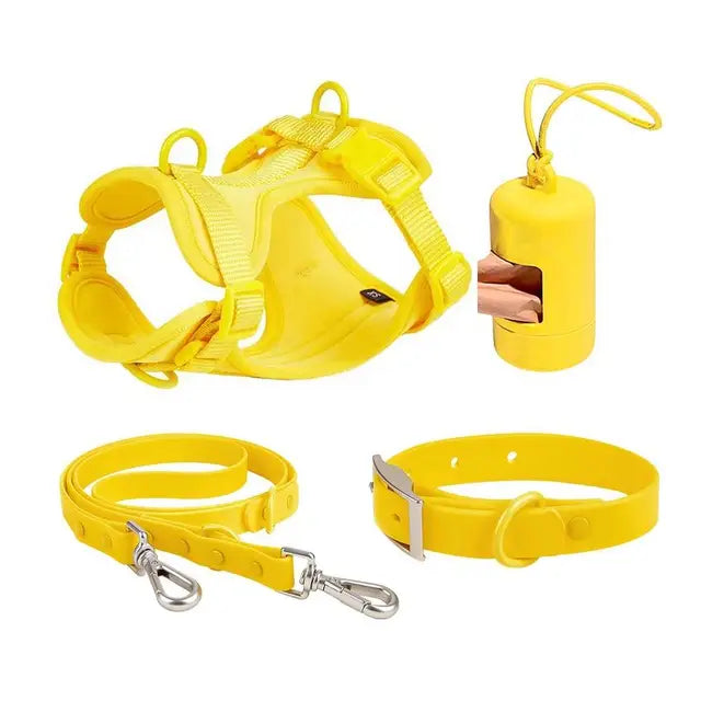 Wasserdichtes Hundegeschirr-Set PVC Neopren – Geschirr + Leine + Halsband + Kotbeutelspender, 10 Farben, XS–L