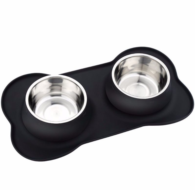 Doppelnapf Edelstahl mit Silikon-Matte – Anti-Rutsch, 2 Größen, Schwarz