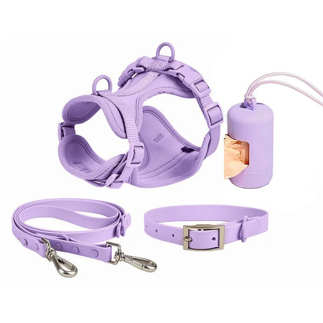 Wasserdichtes Hundegeschirr-Set PVC Neopren – Geschirr + Leine + Halsband + Kotbeutelspender, 10 Farben, XS–L