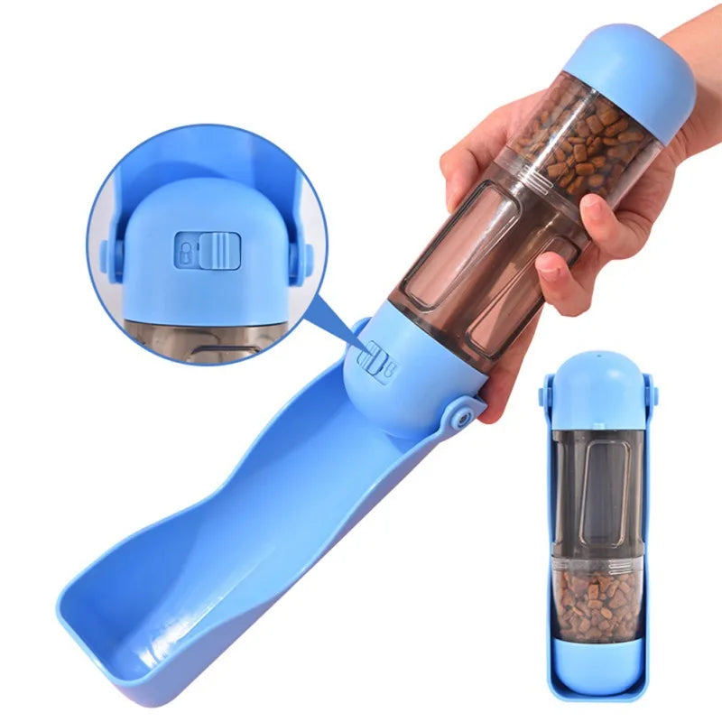 4-in-1 Hundetrinkflasche faltbar – 300ml Wasser + 200ml Futter + Kotbeutelspender, BPA-frei