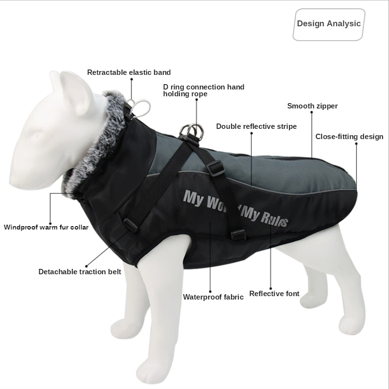 Wasserdichte Hundejacke mit Pelzkragen - Reflektierend | 5 Farben | XL-6XL | Fuer grosse Hunde