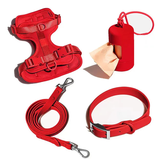 Wasserdichtes Hundegeschirr-Set PVC Neopren – Geschirr + Leine + Halsband + Kotbeutelspender, 10 Farben, XS–L