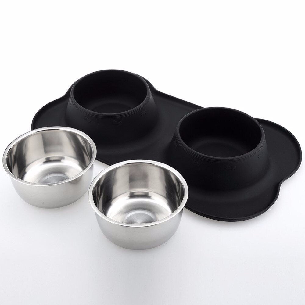 Doppelnapf Edelstahl mit Silikon-Matte – Anti-Rutsch, 2 Größen, Schwarz
