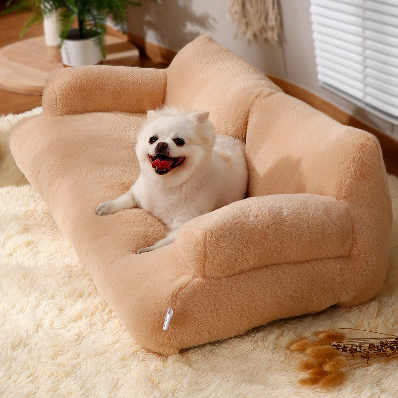 Luxus Hundesofa aus Plüsch – warmes Hundebett mit Kissen & Rückenlehne, M & L, 4 Farben