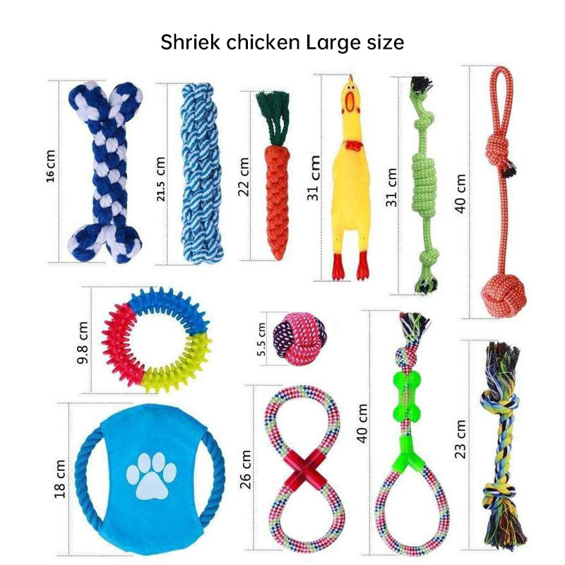Quietsch-Hühnchen Spielzeug-Set – Baumwollseil, Kau- & Zahnspielzeug für Hunde