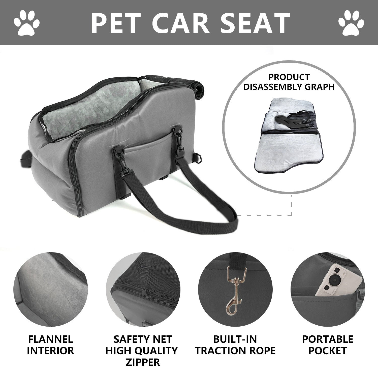 Auto-Mittelkonsolen Hundebett – Reisesitz für kleine Hunde, 4 Farben, 45 cm