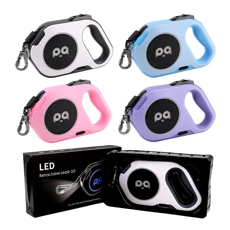 LED Flexleine Hund 5 m – RGB-Umgebungslicht & Spotlight, aufladbar, 4 Farben