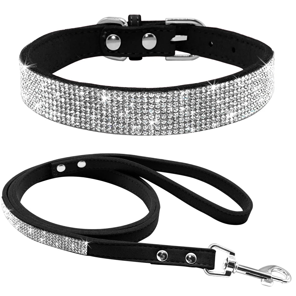 Strass-Halsband & Leine Set aus Wildleder – verstellbar, 5 Farben, XS bis M für kleine Hunde