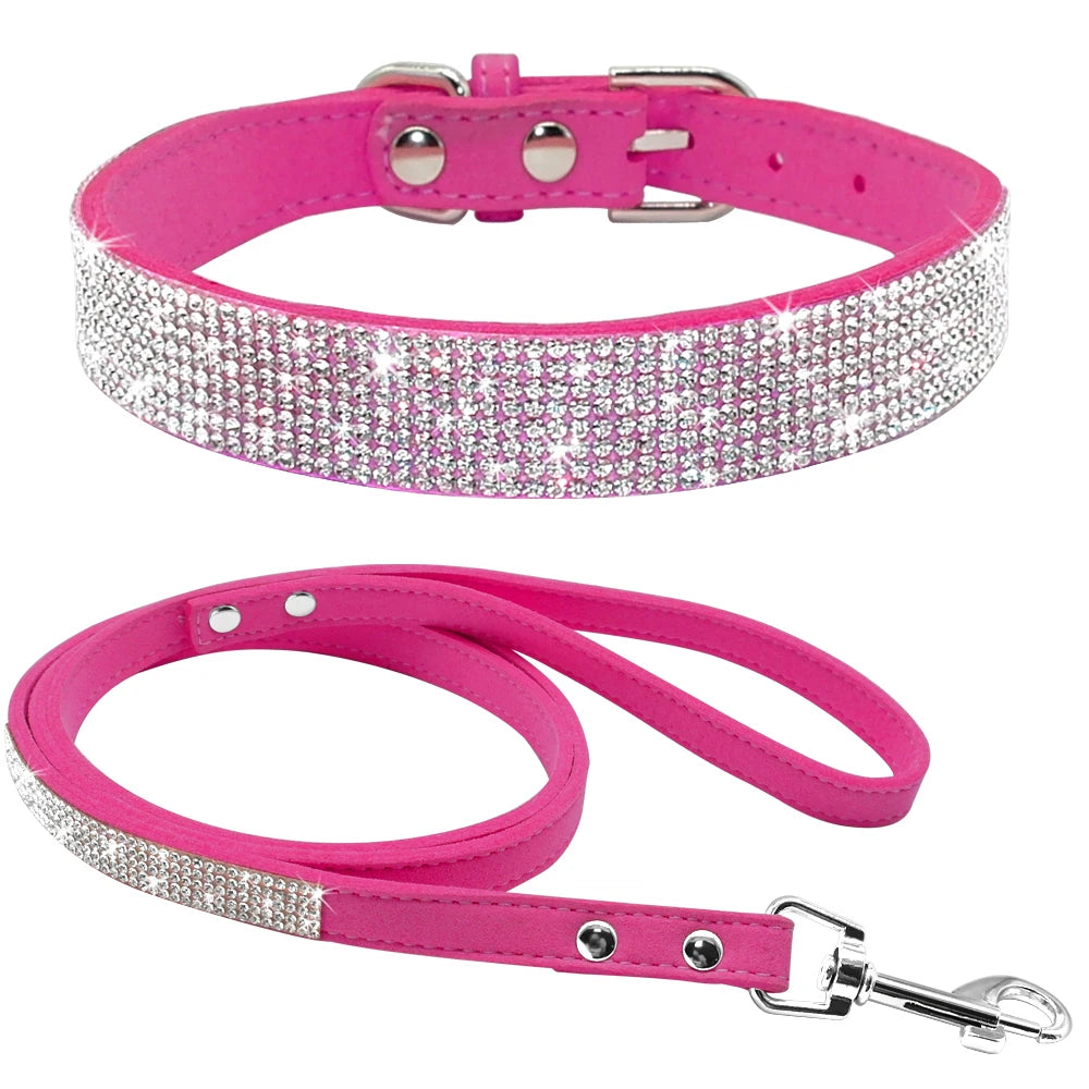 Strass-Halsband & Leine Set aus Wildleder – verstellbar, 5 Farben, XS bis M für kleine Hunde