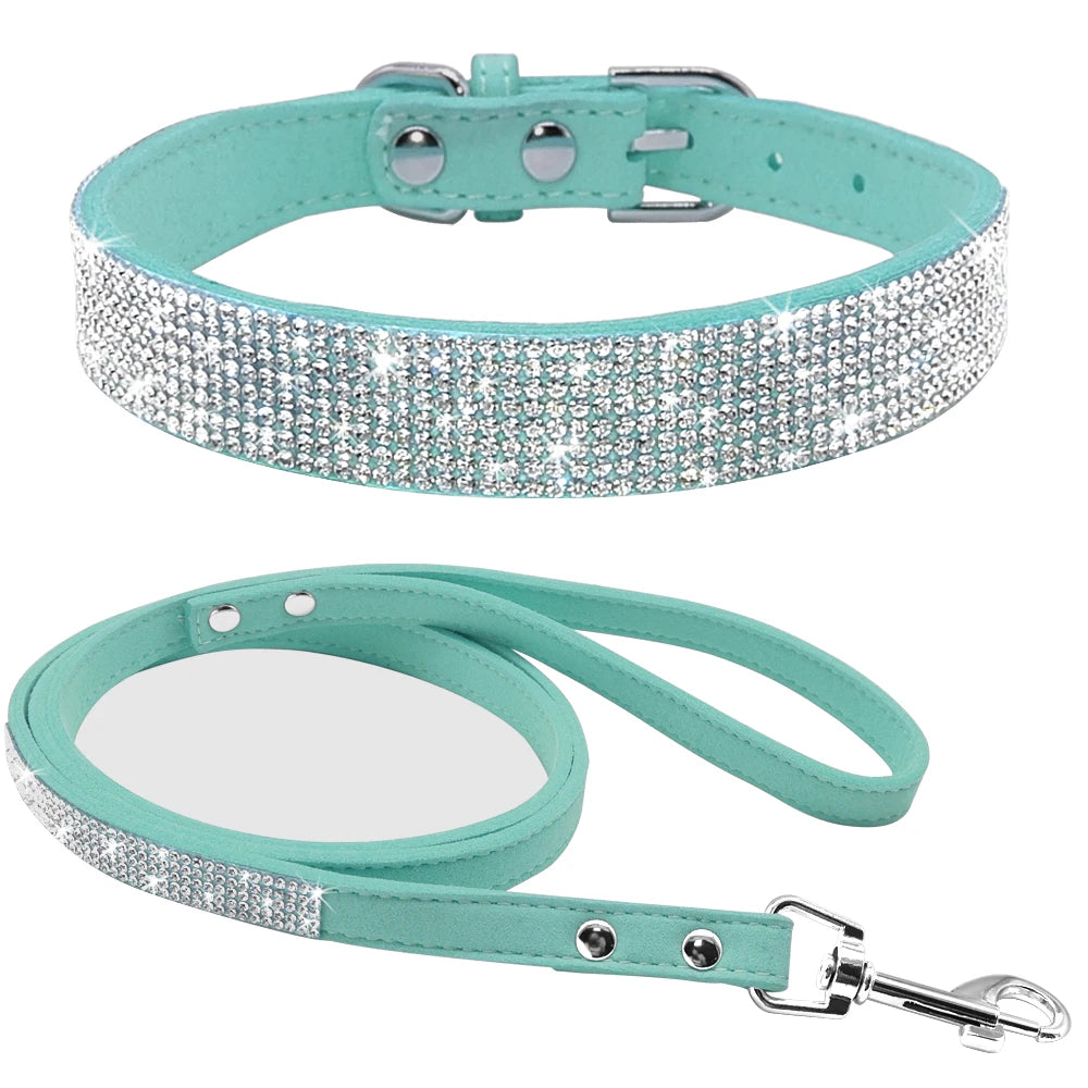 Strass-Halsband & Leine Set aus Wildleder – verstellbar, 5 Farben, XS bis M für kleine Hunde