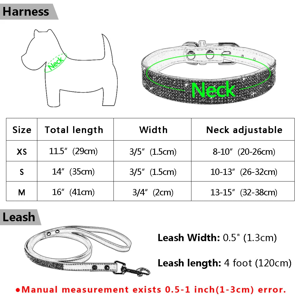 Strass-Halsband & Leine Set aus Wildleder – verstellbar, 5 Farben, XS bis M für kleine Hunde