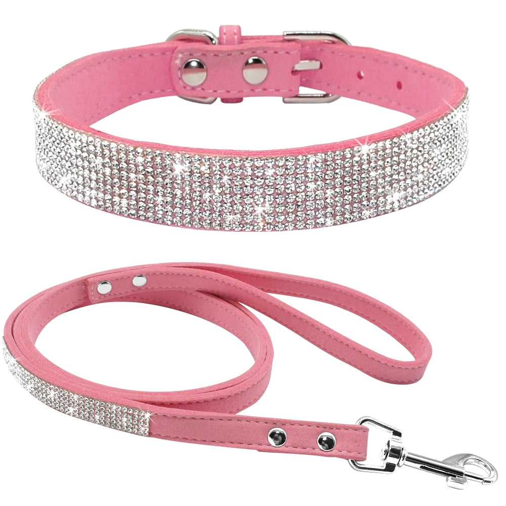 Strass-Halsband & Leine Set aus Wildleder – verstellbar, 5 Farben, XS bis M für kleine Hunde