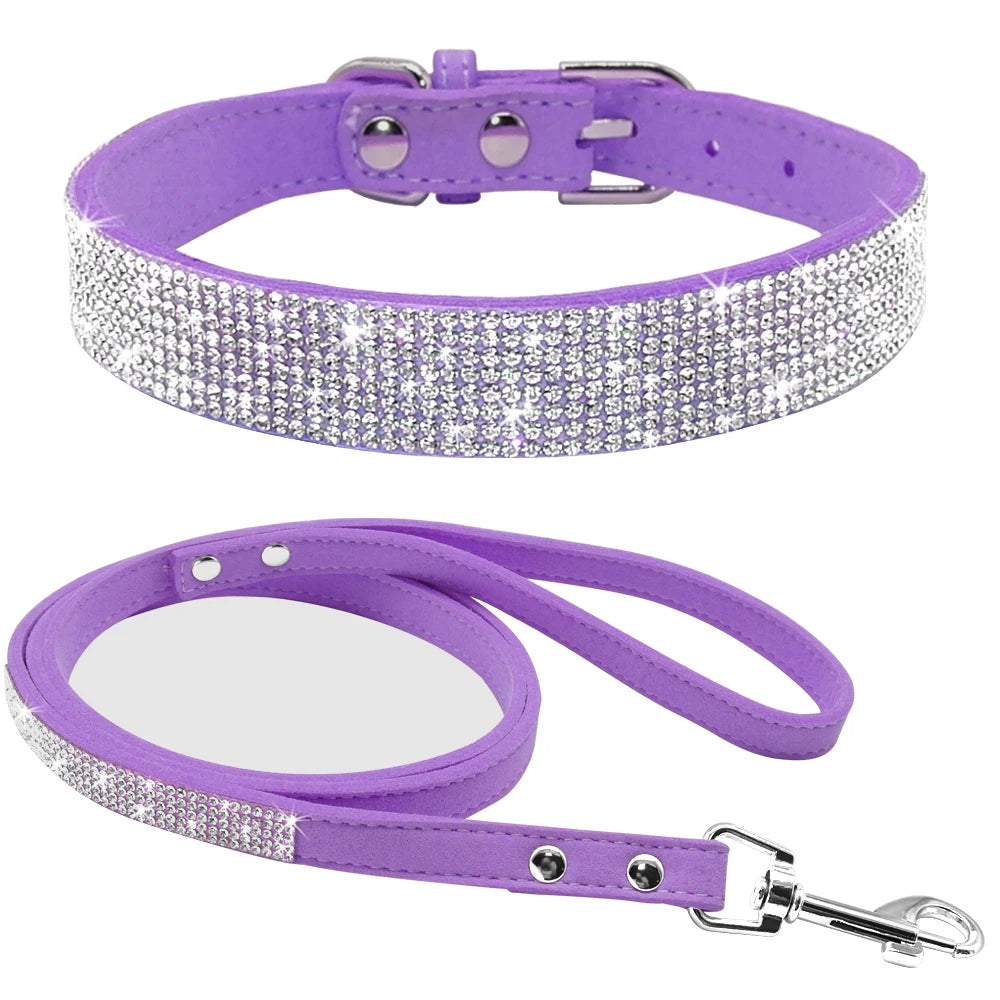 Strass-Halsband & Leine Set aus Wildleder – verstellbar, 5 Farben, XS bis M für kleine Hunde