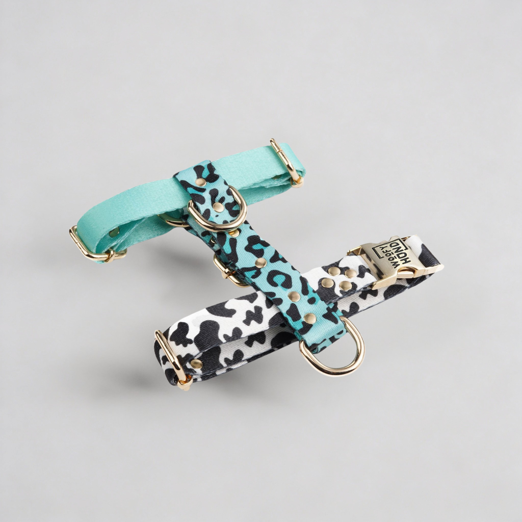 Hundegeschirr "Aqua-Camo" – leicht, schnelltrocknend, goldene Akzente, XS–L