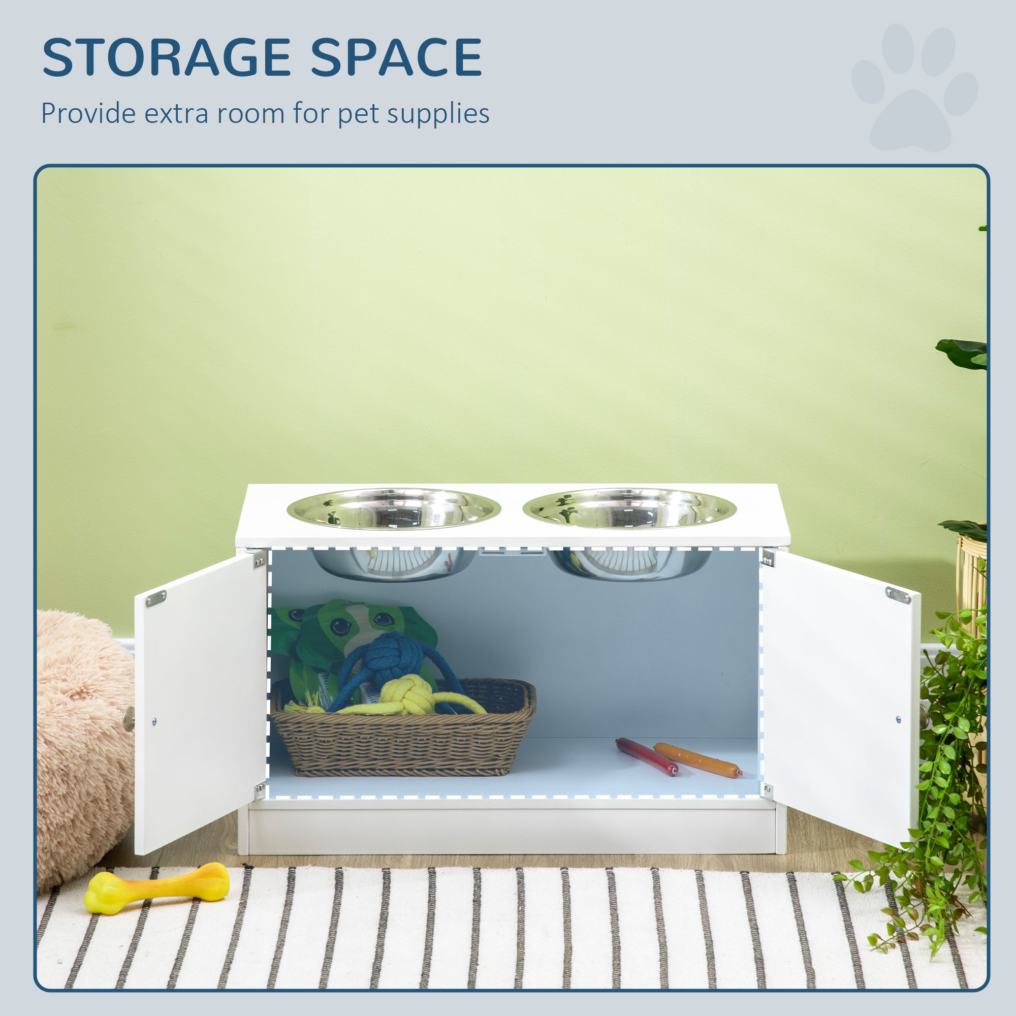 Premium Hundenapf-Station mit Stauraum-Schrank – 44L, Edelstahl, Weiß, für große Hunde