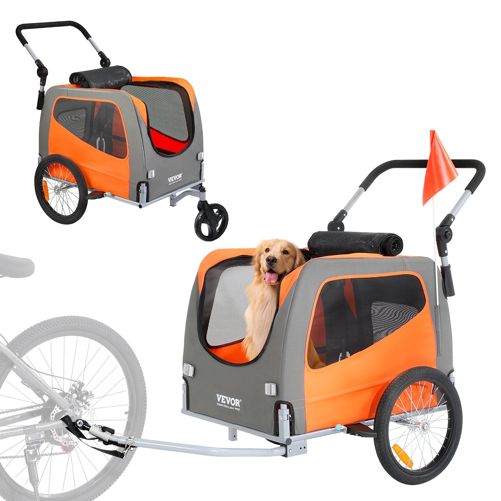 Hunde-Fahrradanhänger, Trägt Bis Zu 30 Kg, 2-in-1-Fahrradträger Für Haustier-Kinderwagen, Einfach Zusammenklappbarer Wagenrahmen Mit Schnellspannrädern, Universeller Fahrradkupplung, Reflektoren